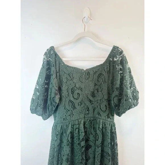 Nanette Lepore Dark Green Lace Midi Dress Puff Sleeve Holiday Size 8 - Picture 8 of 13